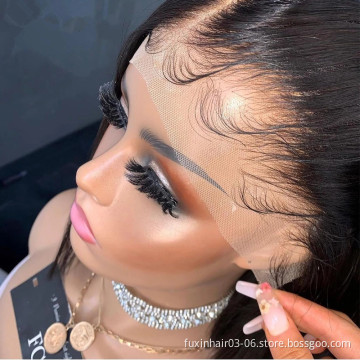 Wholesale 100% Raw Indian Cuticle Aligned Hair 130%  Pre Pluck 13x4 Transparent Frontal Swiss Lace Front Wig for Black Women
